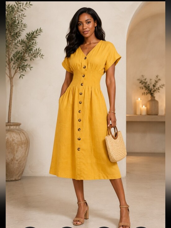 ANTONIO MELANI Dresses & Skirts - ANTONIO MELANI Linen  Mustard Yellow Button-Front V-Neck Midi Dress
